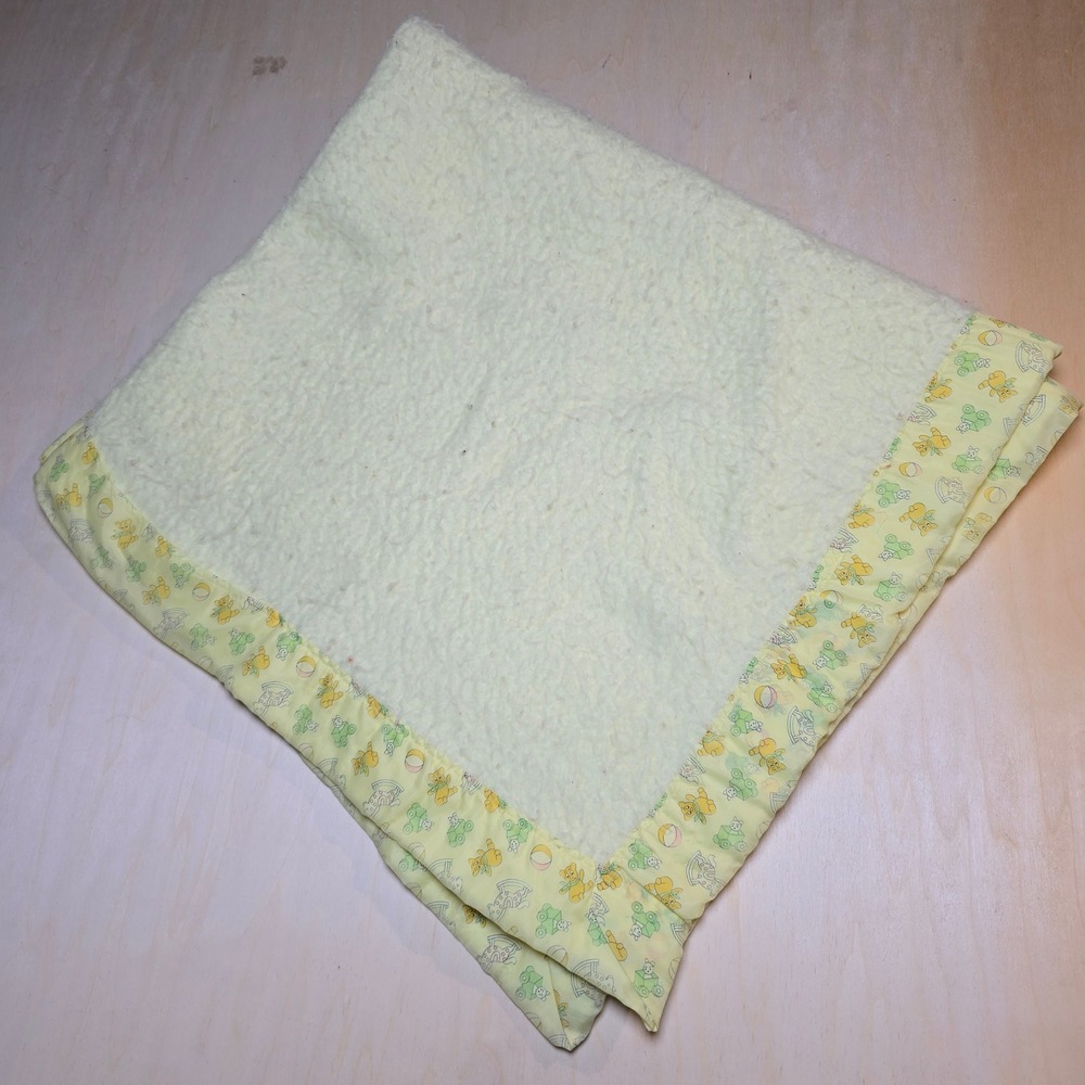 Vintage Nursery Teddy Bear Rocking Horse Baby Blanket Sherpa Satin Trim